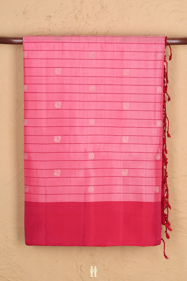 Soft Silk Saree In Pink Along Checks With Buttas