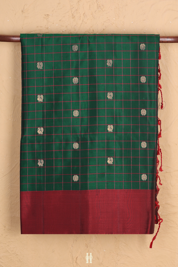 Soft Silk Saree In Forest Green Along Checks With Buttas