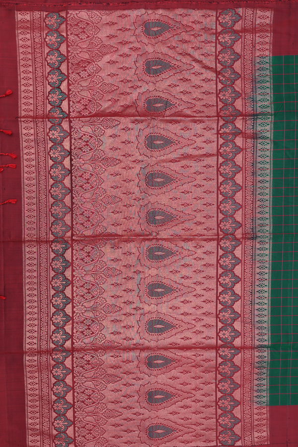 Soft Silk Saree In Forest Green Along Checks With Buttas