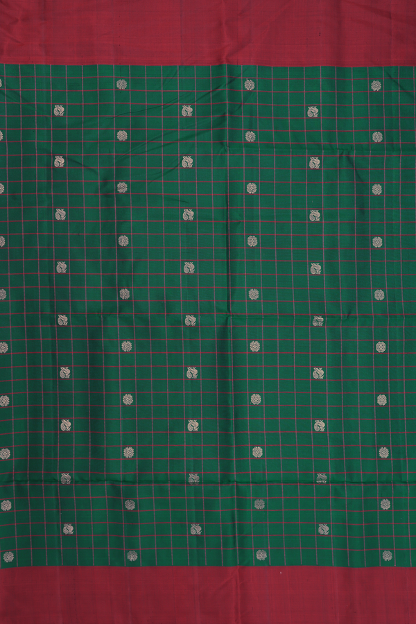 Soft Silk Saree In Forest Green Along Checks With Buttas