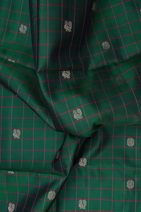 Soft Silk Saree In Forest Green Along Checks With Buttas