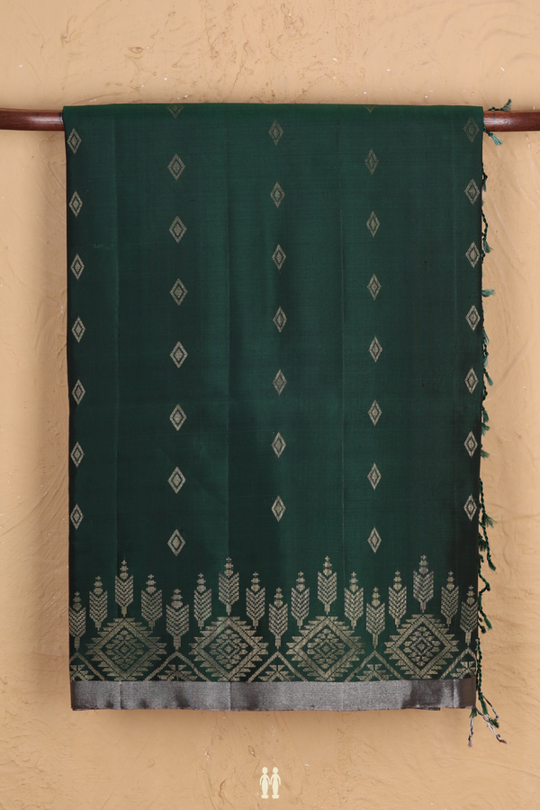 Soft Silk Saree In Forest Green With Diamond Buttas