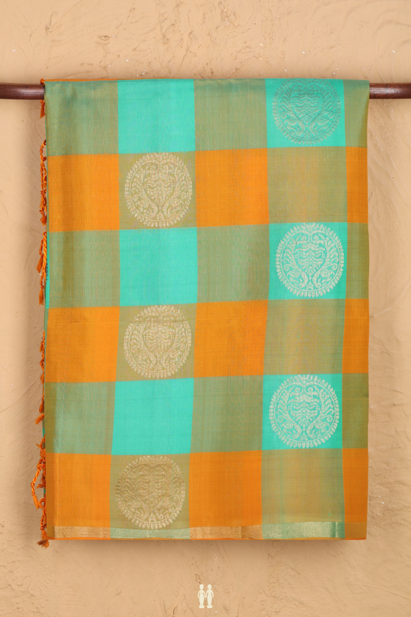 Soft Silk Saree In Green And Mustard With Checks Design