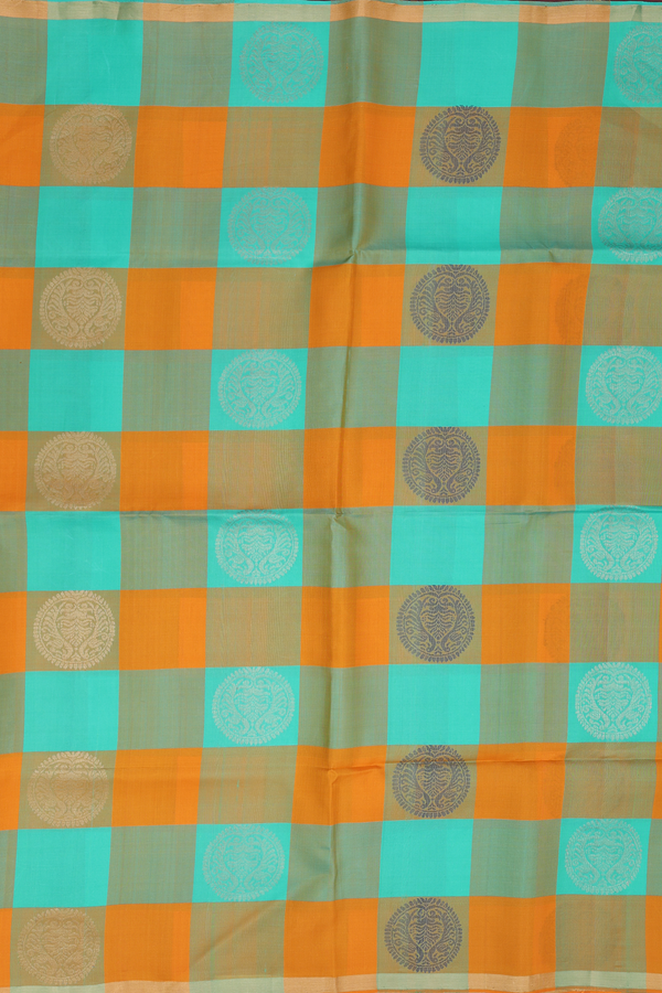 Soft Silk Saree In Green And Mustard With Checks Design
