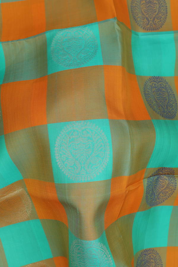 Soft Silk Saree In Green And Mustard With Checks Design