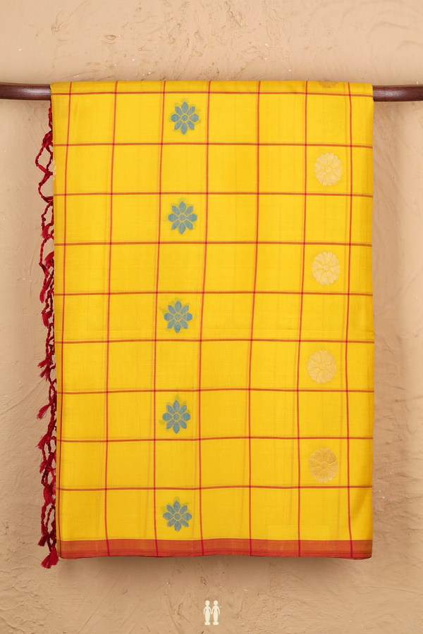 Soft Silk Saree In Royal Yellow With Checks Design