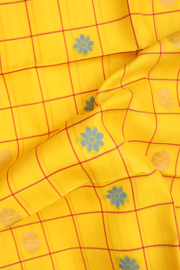 Soft Silk Saree In Royal Yellow With Checks Design
