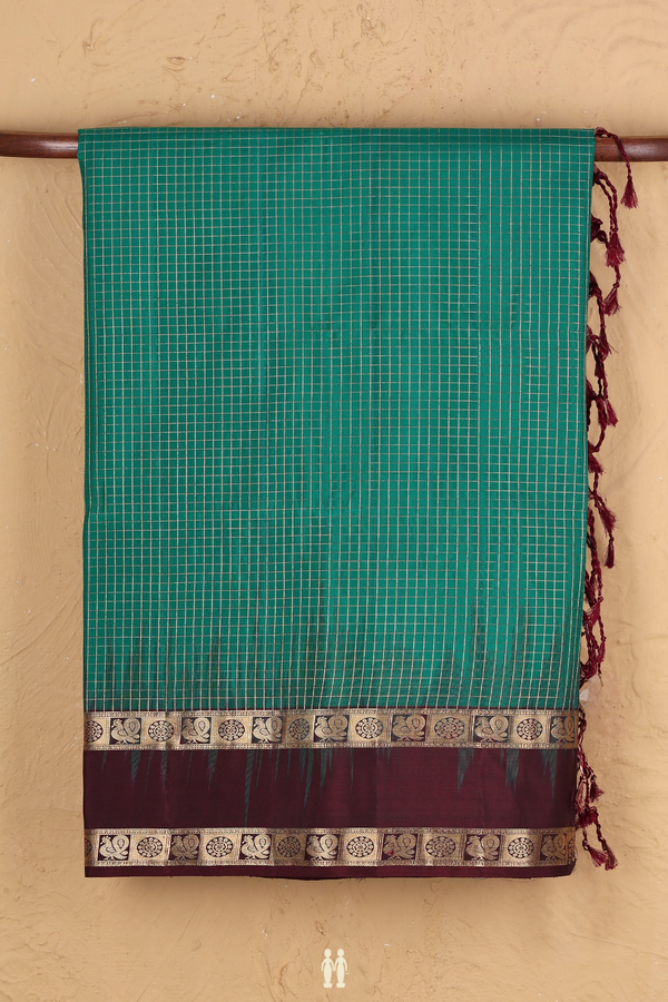 Soft Silk Saree In Green With Checks Design