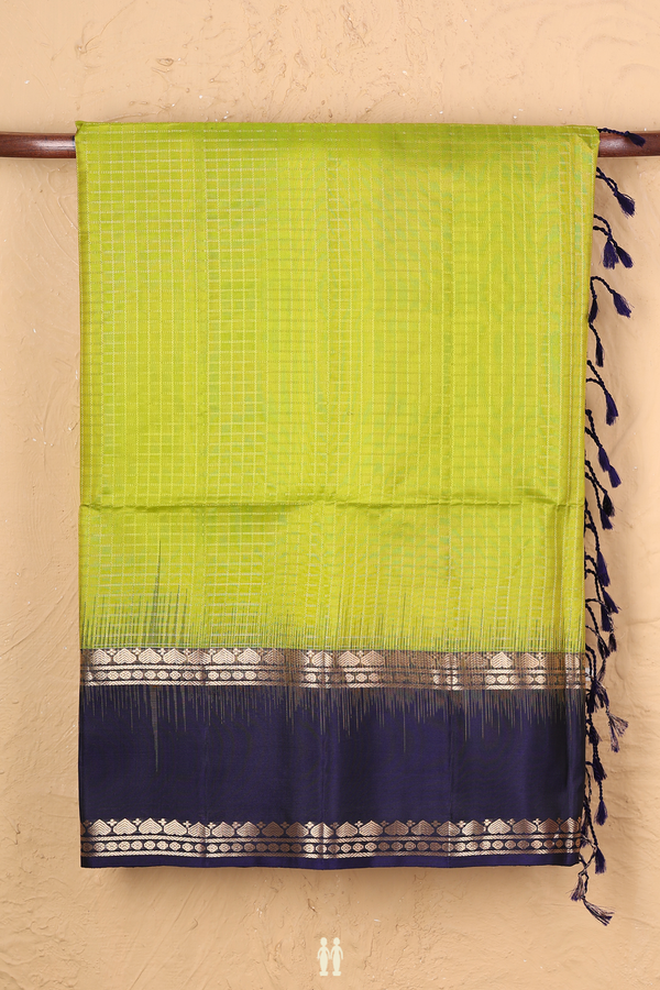 Soft Silk Saree In Lime Green With Checks Design
