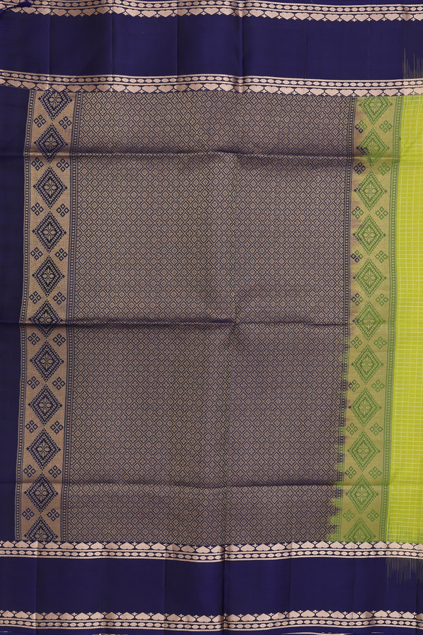 Soft Silk Saree In Lime Green With Checks Design