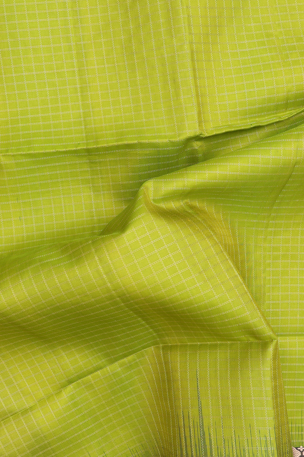 Soft Silk Saree In Lime Green With Checks Design