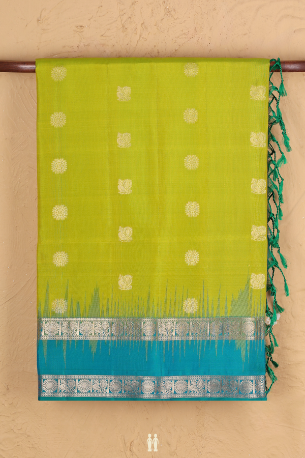Soft Silk Saree In Lime Green With Peacock Buttas