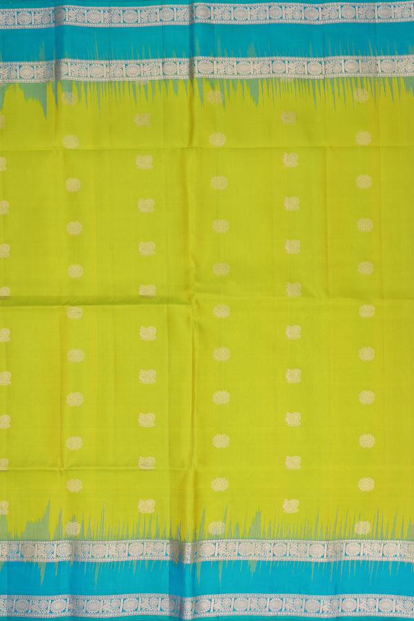 Soft Silk Saree In Lime Green With Peacock Buttas