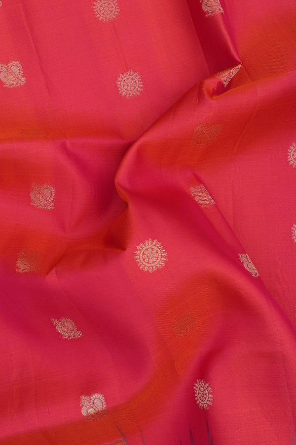 Soft Silk Saree In Coral Pink With Peacock Buttas