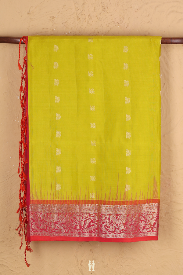 Soft Silk Saree In Olive Yellow With Leaf Buttas