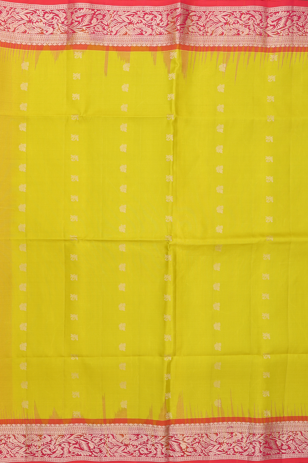 Soft Silk Saree In Olive Yellow With Leaf Buttas