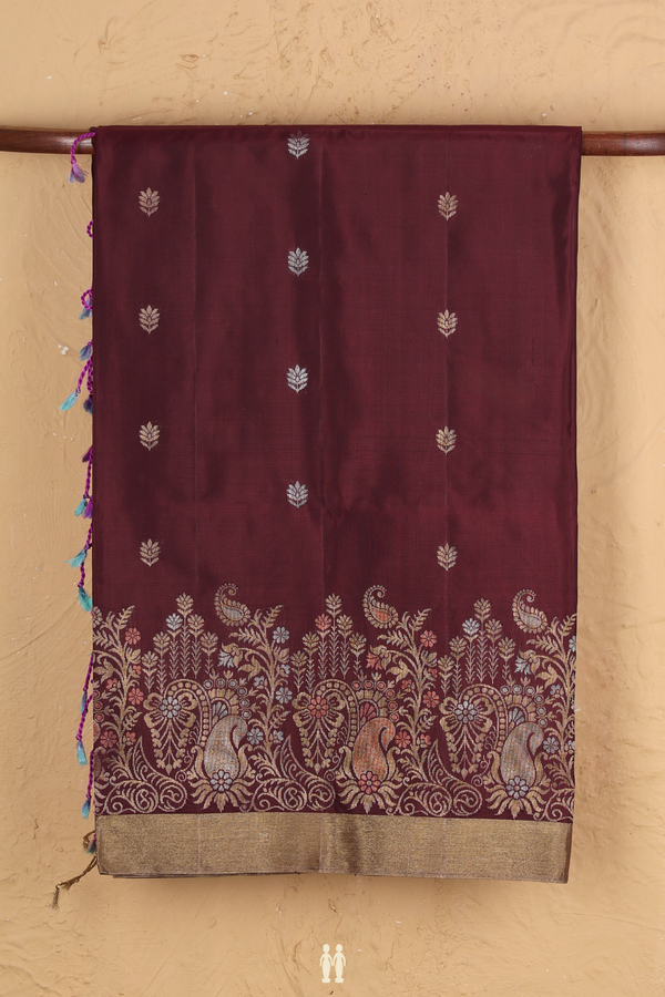 Soft Silk Saree In Maroon With Floral Buttas