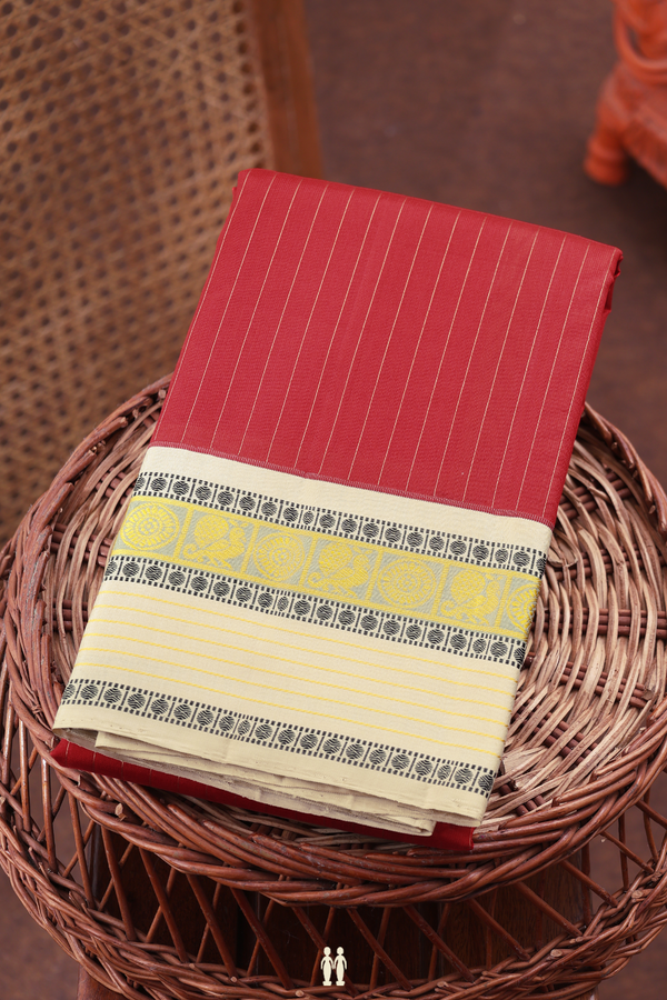 Kanchipuram Silk Saree In Chilli Red With Stripes Design