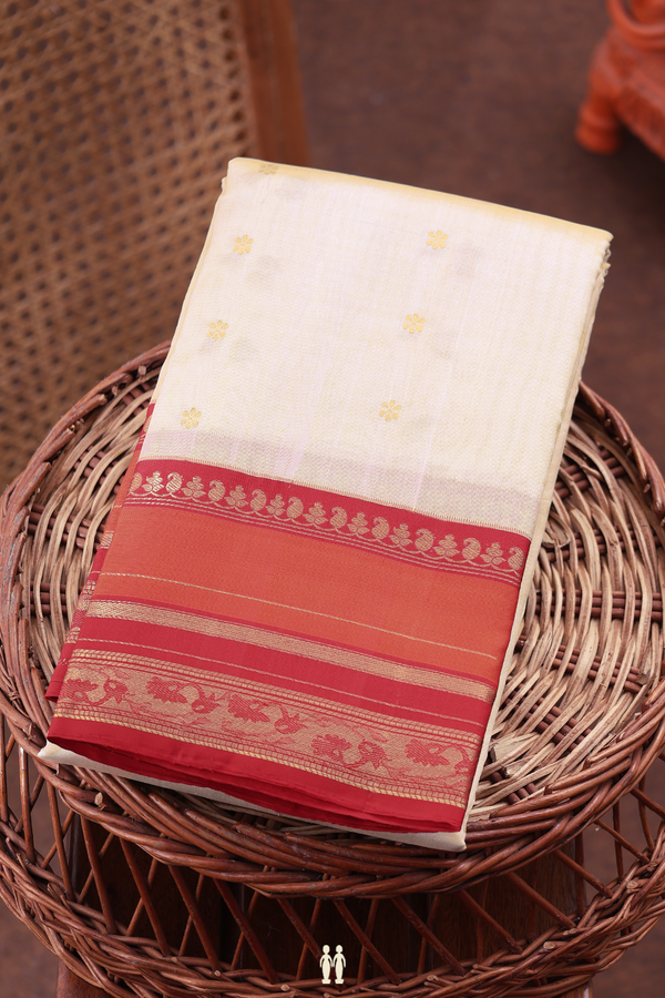 Linen Kanchipuram Silk Saree In Off White With Floral Buttas