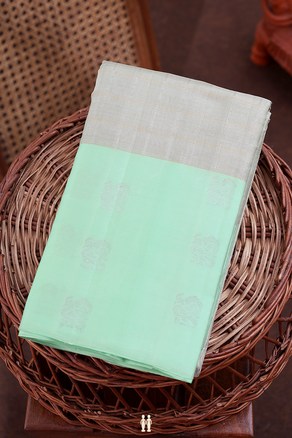 Kanchipuram Silk Saree Green Beige Tissue With Checks Design