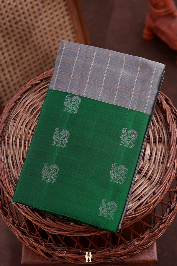 Kanchipuram Silk Saree In Grey Tissue With Checks Design