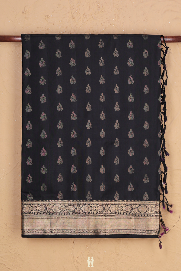 Soft Silk Saree In Black With Peacock Buttas