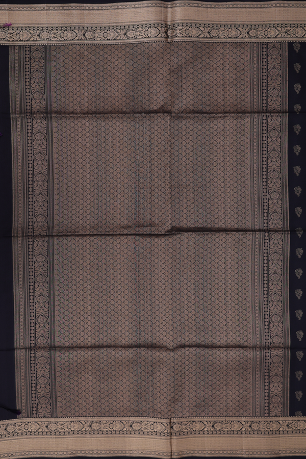 Soft Silk Saree In Black With Peacock Buttas