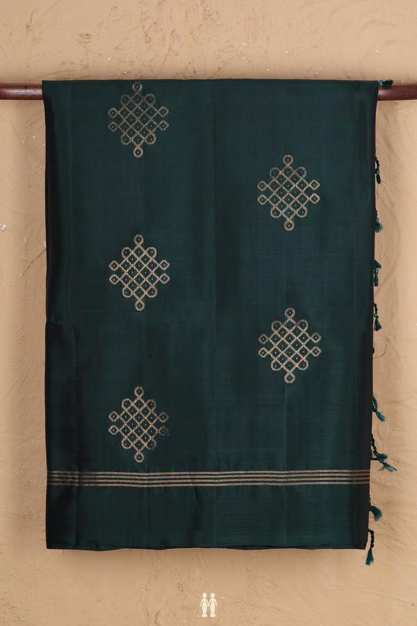 Soft Silk Saree In Bottle Green With Kolam Buttas