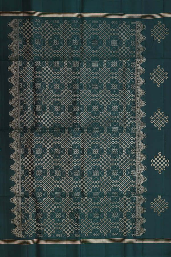 Soft Silk Saree In Bottle Green With Kolam Buttas