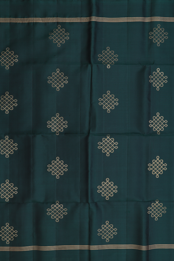 Soft Silk Saree In Bottle Green With Kolam Buttas