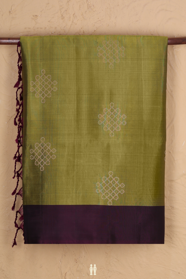 Soft Silk Saree In Olive Green With Kolam Buttas