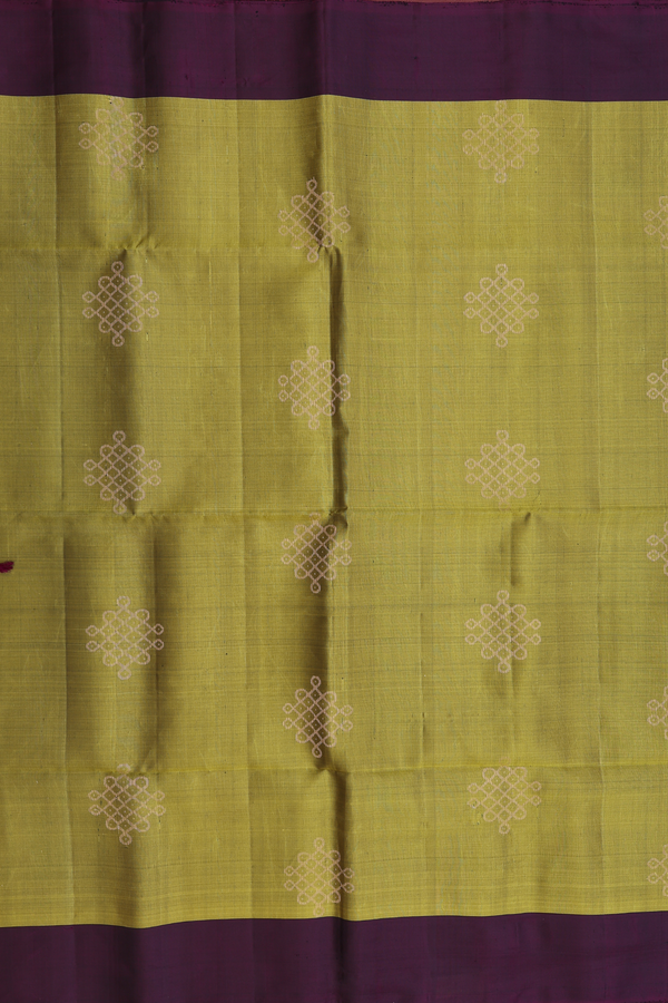 Soft Silk Saree In Olive Green With Kolam Buttas