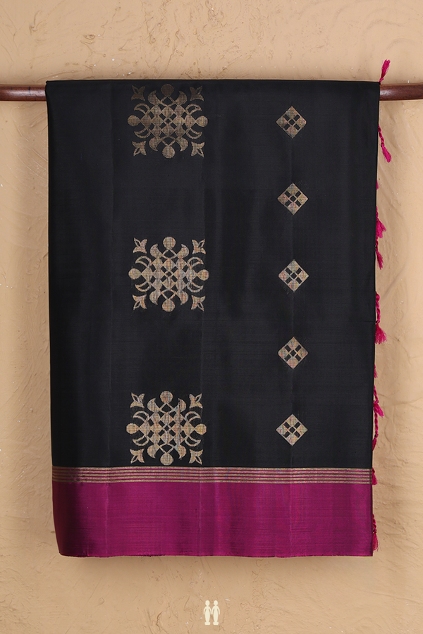 Soft Silk Saree In Black With Zari Motifs