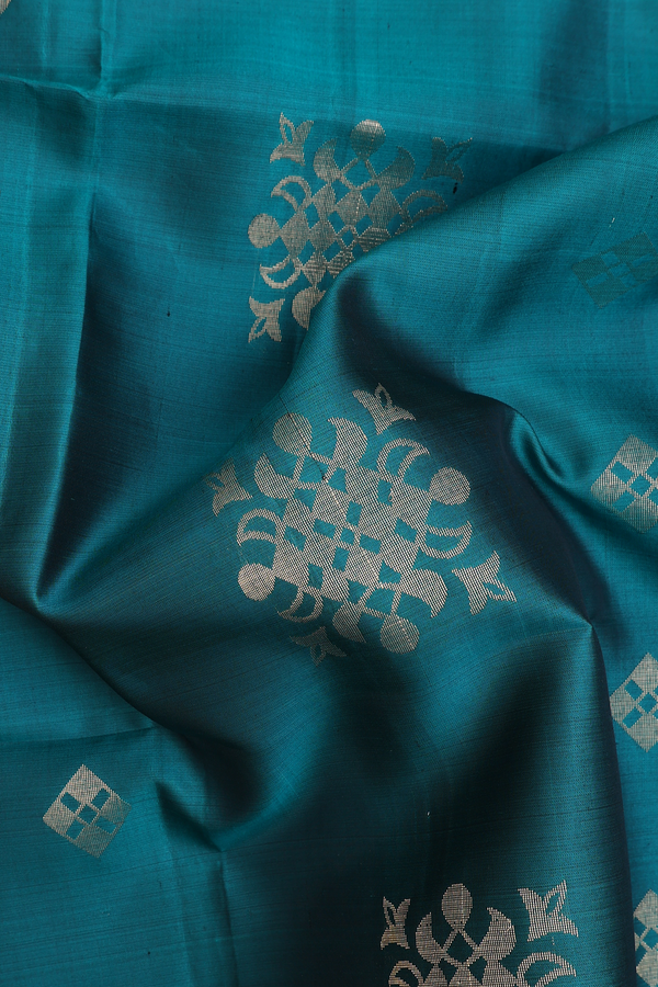 Soft Silk Saree In Peacock Green With Zari Motifs
