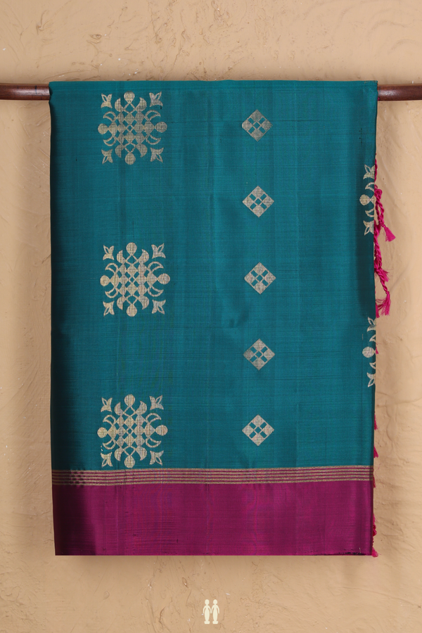 Soft Silk Saree In Peacock Green With Zari Motifs