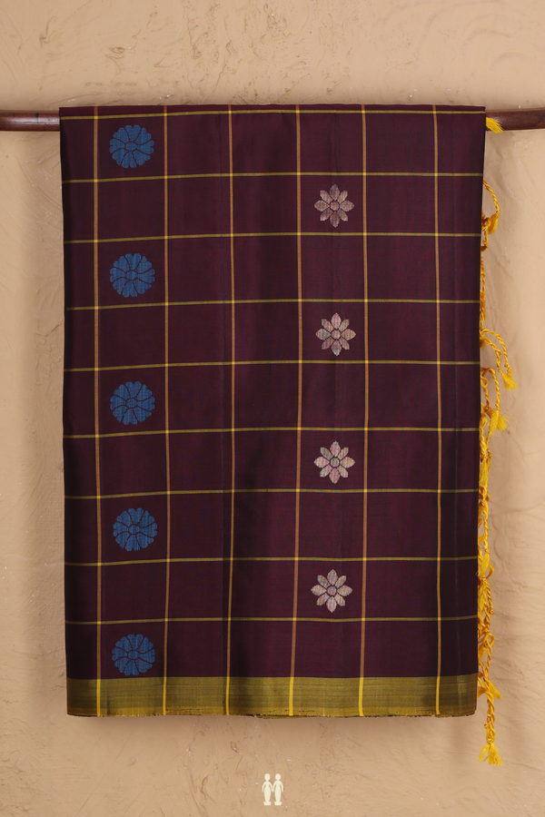 Soft Silk Saree In Coffee Brown With Checks Design