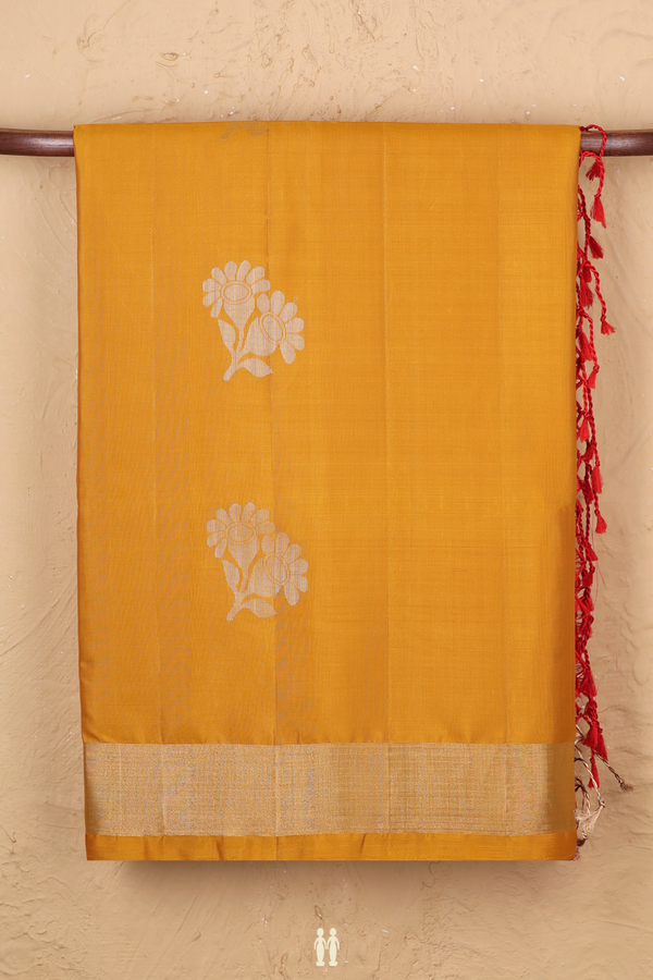 Soft Silk Saree In Mustard Yellow With Floral Motifs