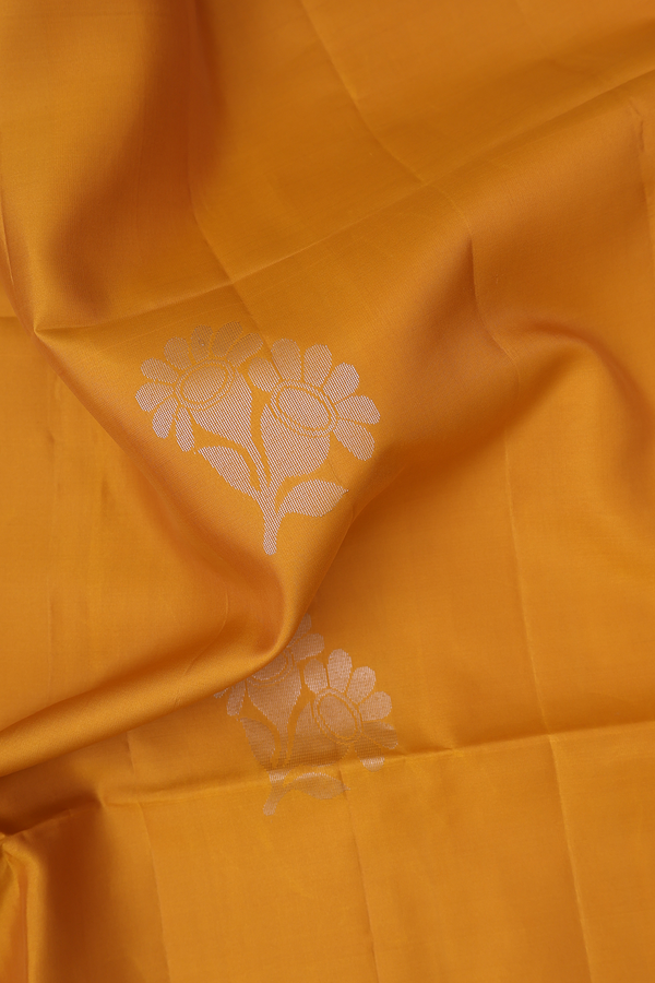 Soft Silk Saree In Mustard Yellow With Floral Motifs