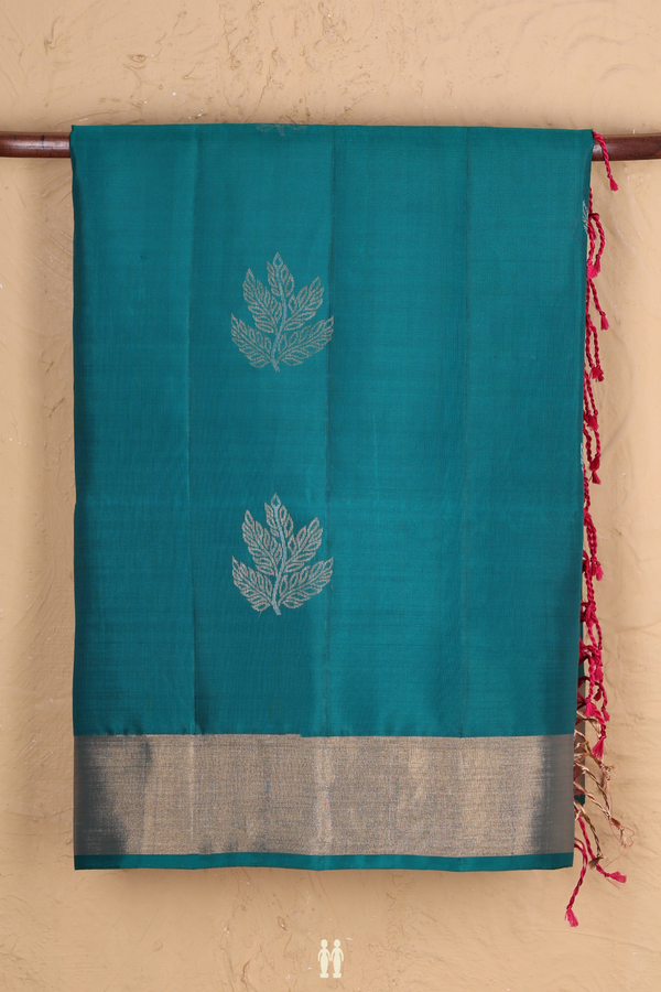 Soft Silk Saree In Peacock Green With Leaf Motifs