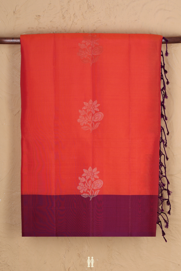 Soft Silk Saree In Coral Orange With Floral Motifs