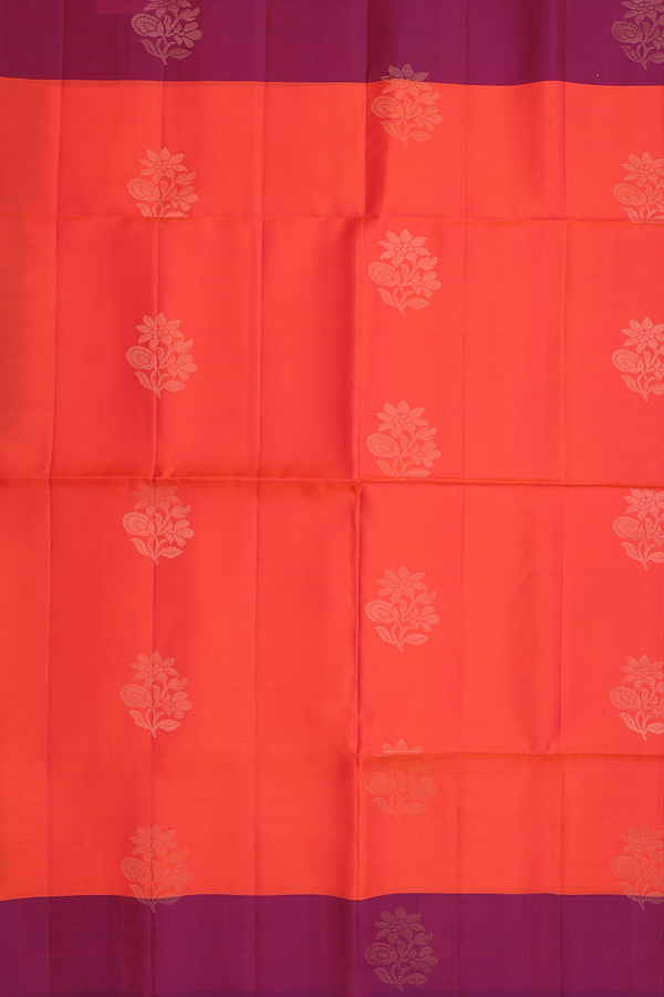 Soft Silk Saree In Coral Orange With Floral Motifs