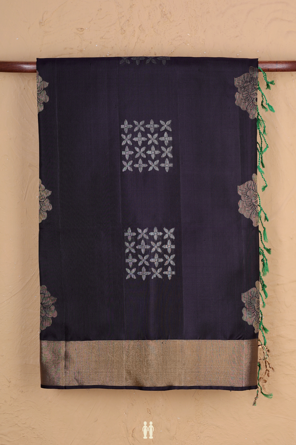 Soft Silk Saree In Black With Floral Motifs