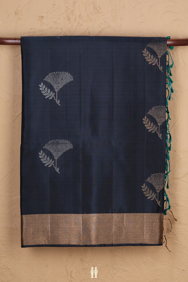 Soft Silk Saree In Charcoal Grey With Floral Motifs