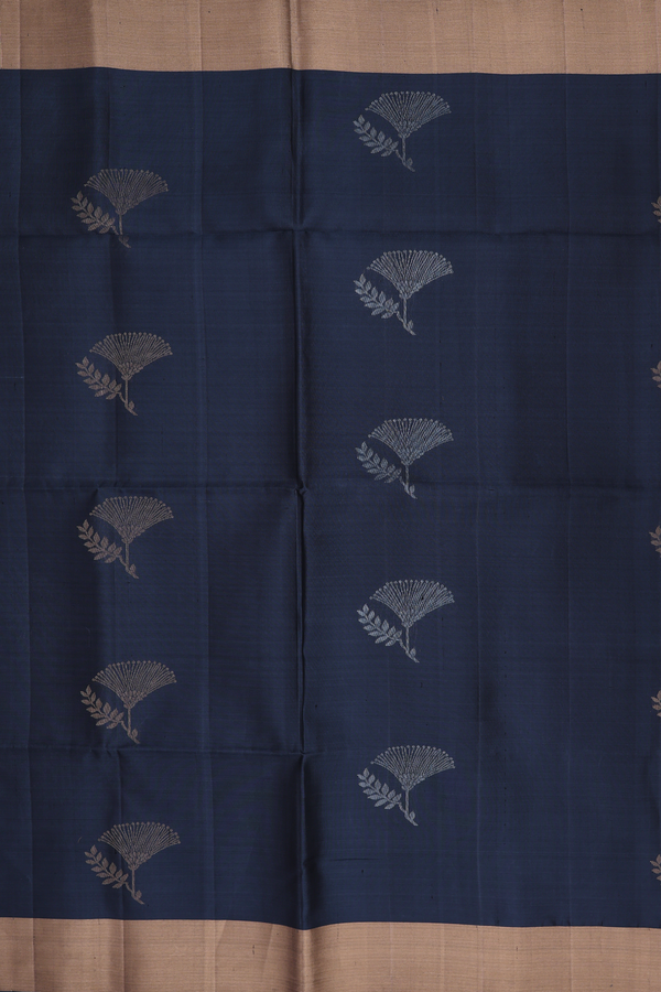 Soft Silk Saree In Charcoal Grey With Floral Motifs