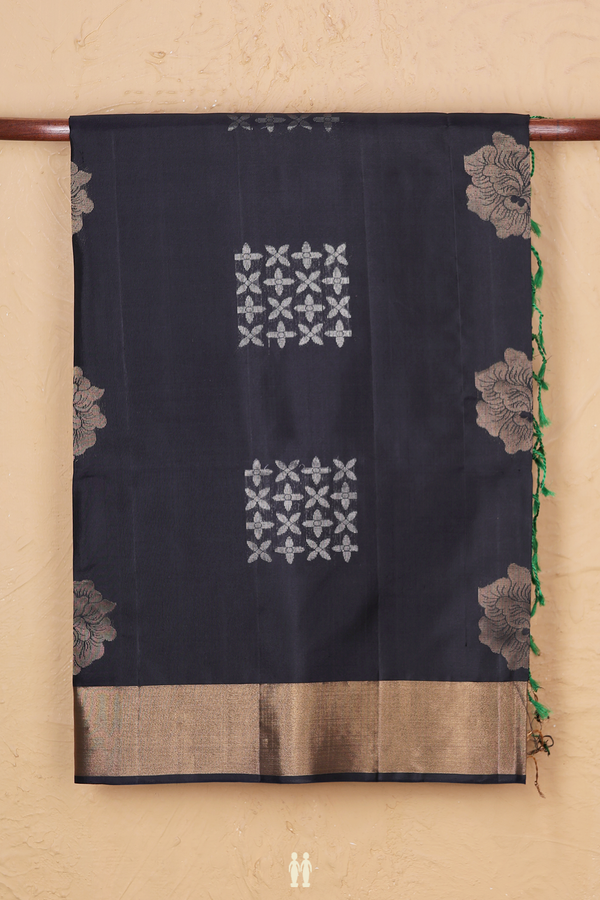 Soft Silk Saree In Black With Floral Design