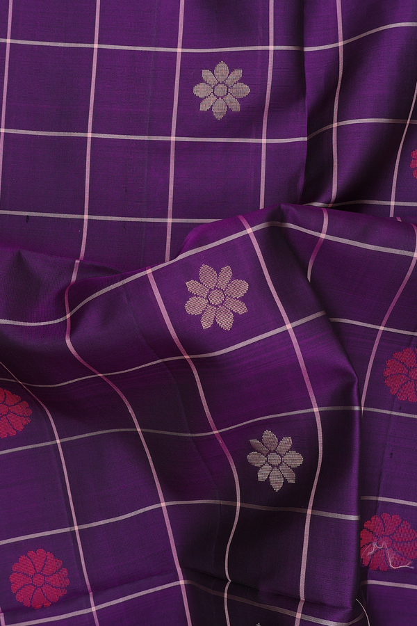 Soft Silk Saree In Deep Purple With Checks Design