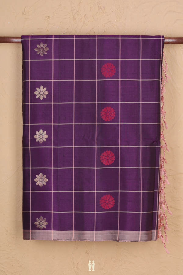 Soft Silk Saree In Deep Purple With Checks Design