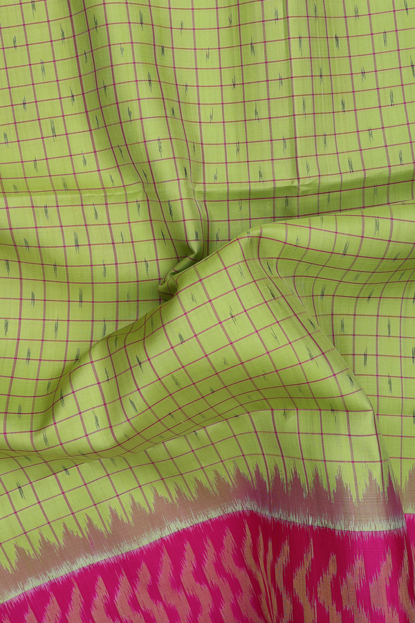 Soft Silk Saree In Light Green With Checks Design