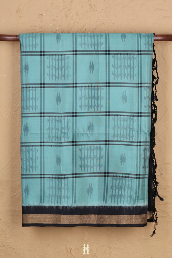 Soft Silk Saree In Light Turkish Blue With Checks Design