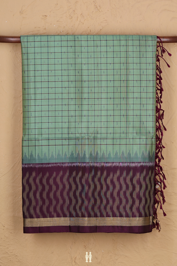 Soft Silk Saree In Dusty Green With Checks Design